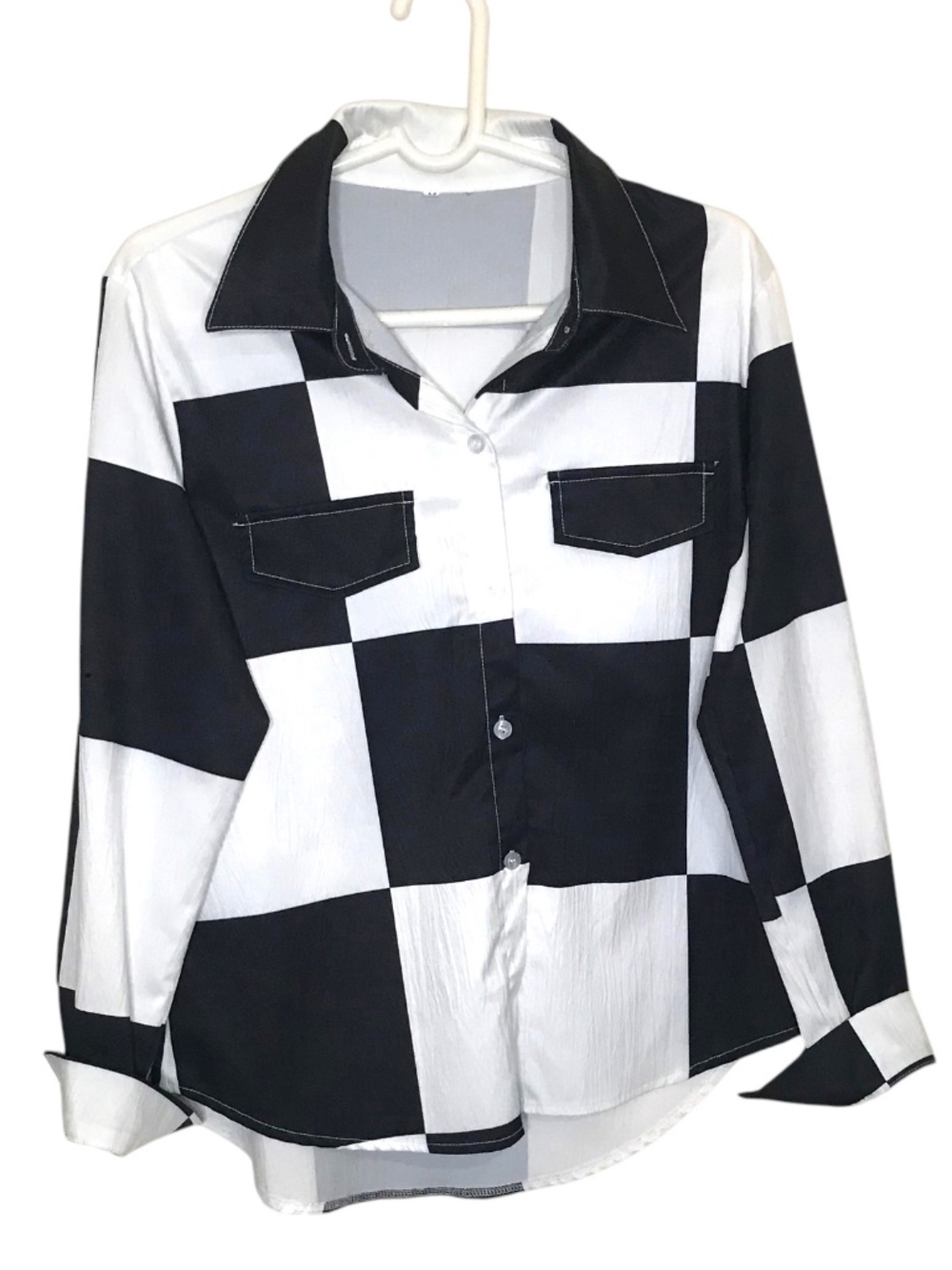 Black White Checkerboard  Blouse Button Up Shirt M/L Chic Modern Top